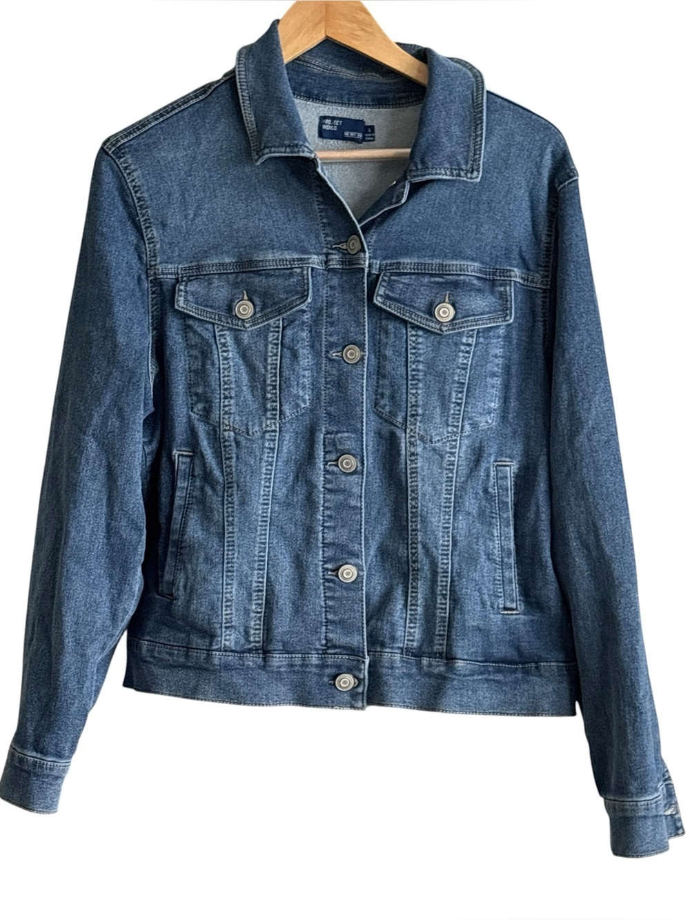 Project Indigo Blue Denim Jacket Classic Button Front Womens Size Large